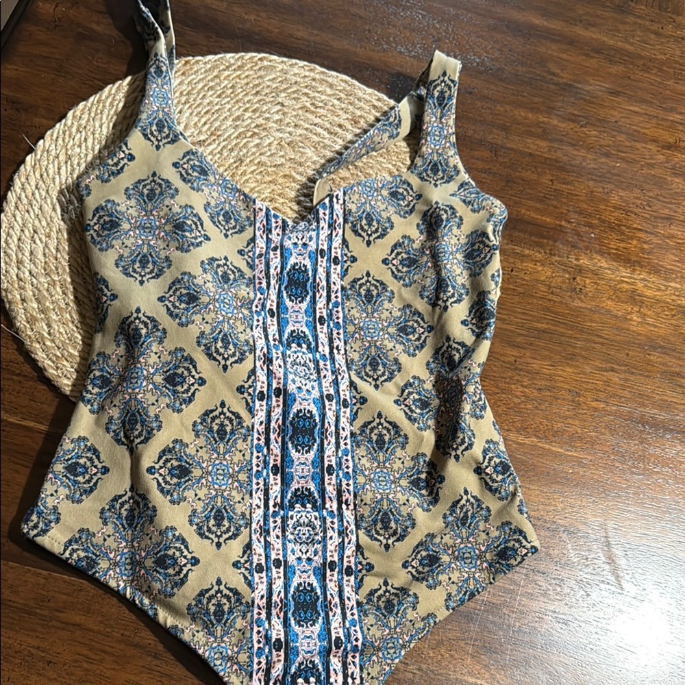 Free People Blue and Tan Patterned One Piece Swimsuit